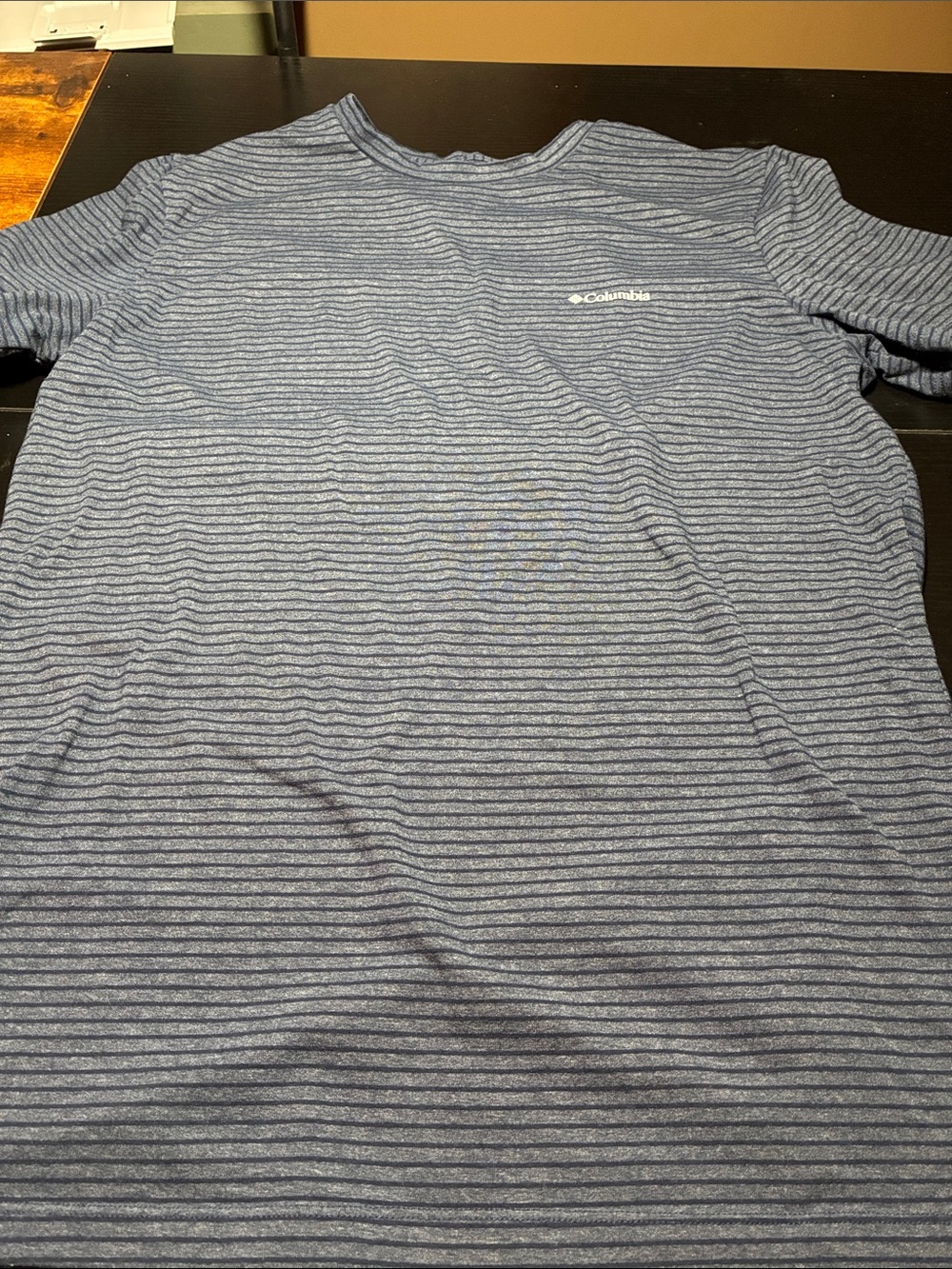 Columbia Men’s Navy and Light Gray Striped Short-Sleeve Shirt